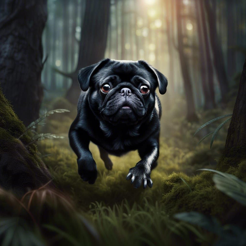 Happy Pug Dog Playing in Forest: Digital Matte Painting