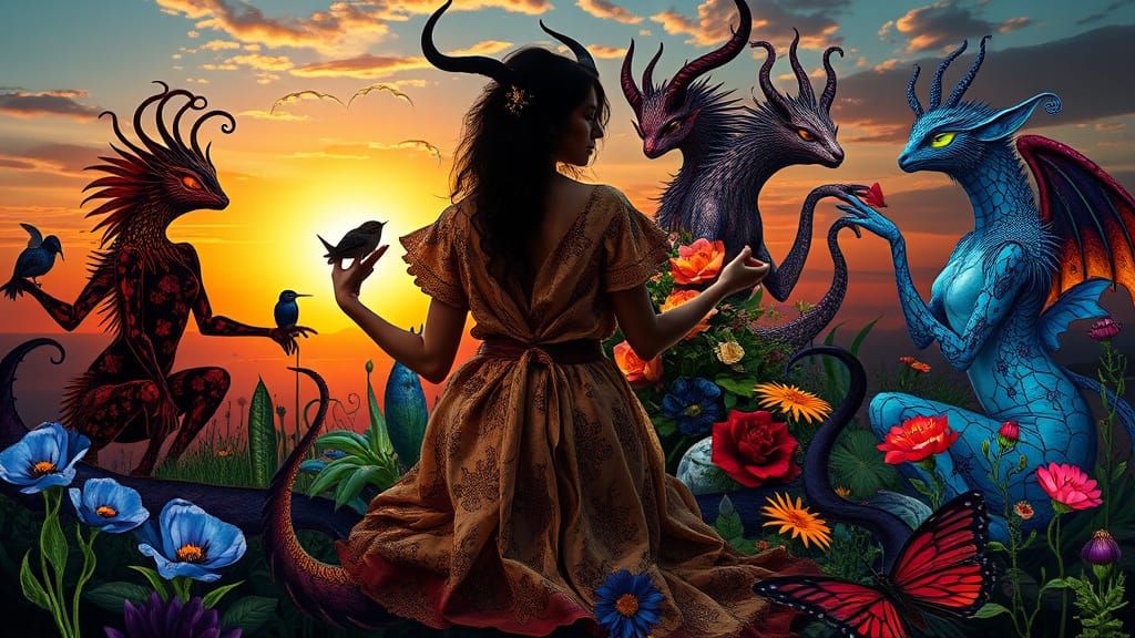 Dreamlike Collage of Mystical Creatures in Sunset Landscape