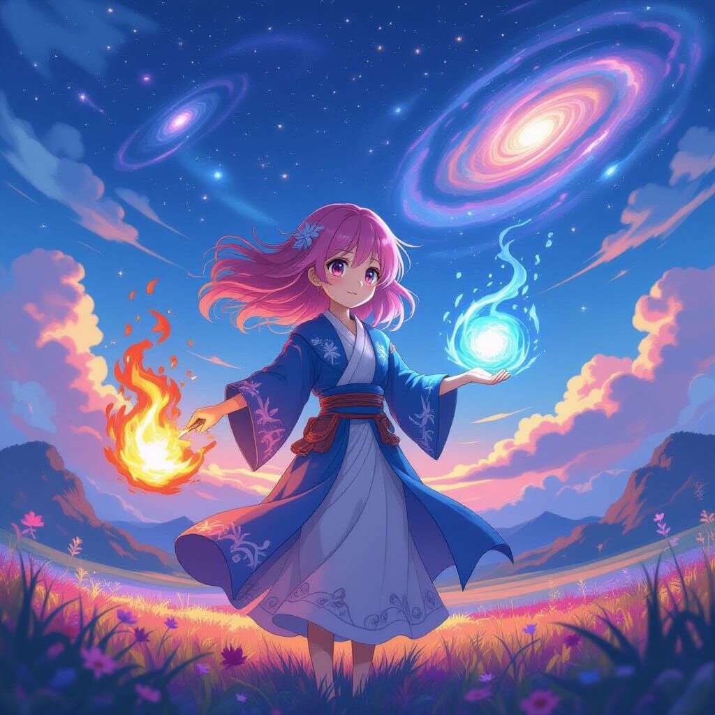 Anime Girl Wielding Fire and Water Powers