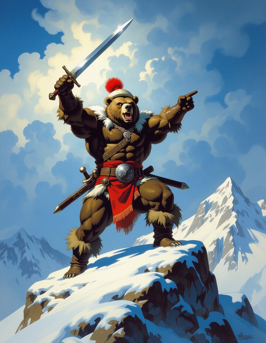 Fierce Bear Barbarian on Snowy Mountain in Fantasy Art Style