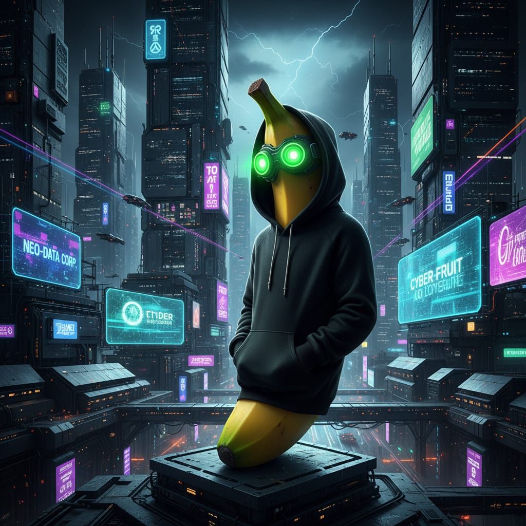 Banana in Futuristic City with Neon Lights