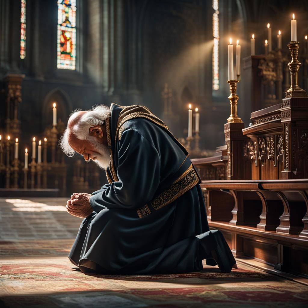 Praying Old Man Portrait in Church with Sidelight