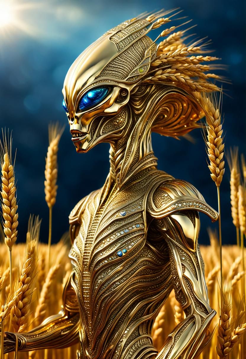 A golden alien in the middle of a wheat field.
