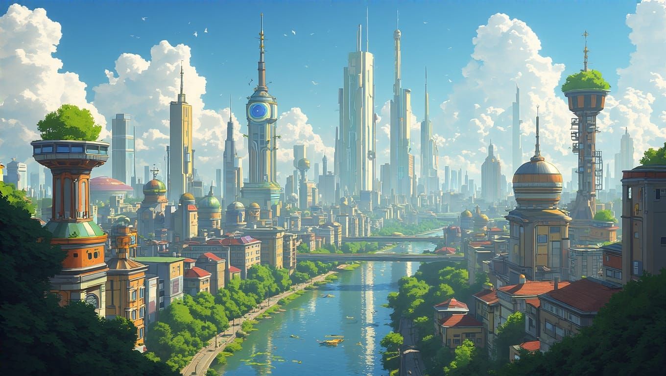 Surreal Futuristic Cityscape in Vibrant Solarpunk Style
