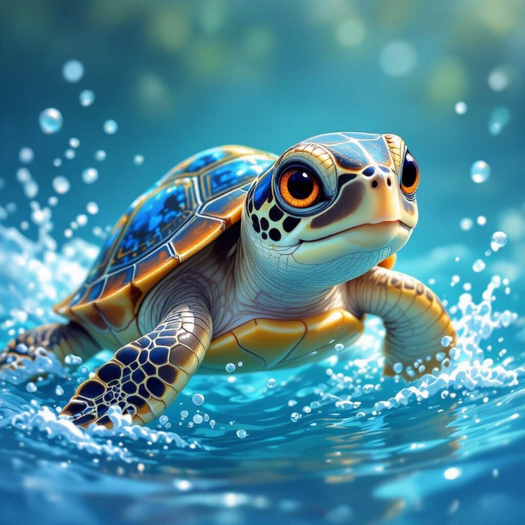 Baby Turtle Swimming in Vibrant Water Illustration