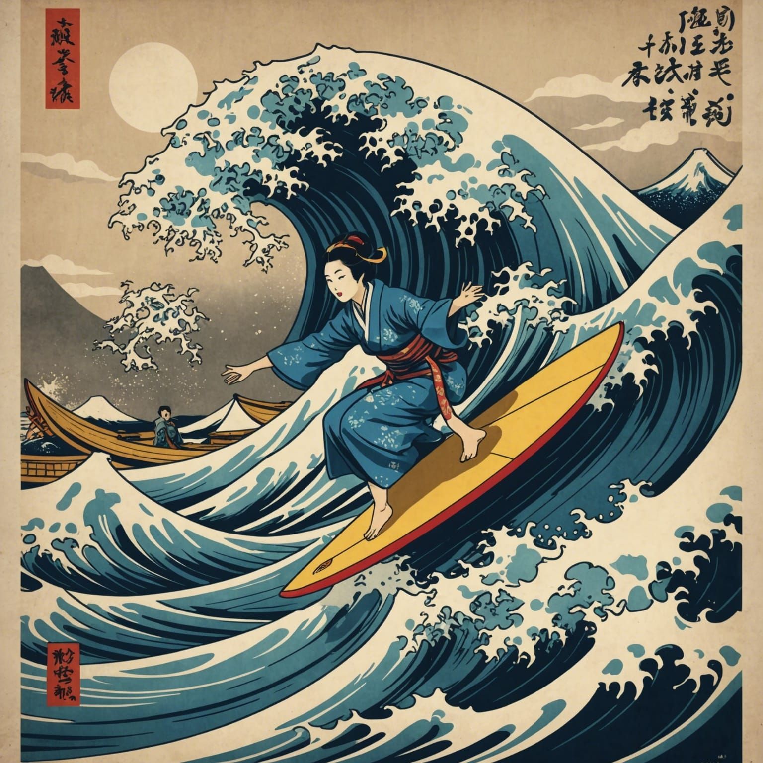Geisha Surfing Great Wave: Japanese Movie Poster
