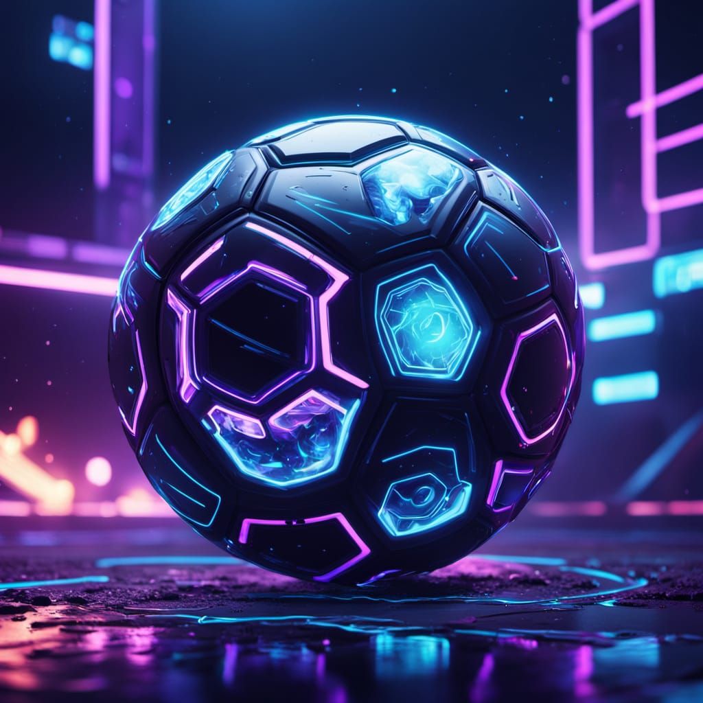 Glowing Soccer Ball Blazes into Goal in Neon-Lit Sci-Fi Art