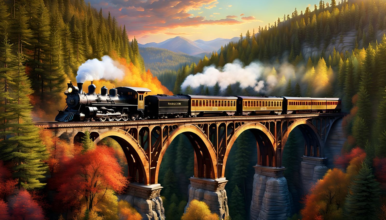 Vintage Steam Train Over Forested Canyon