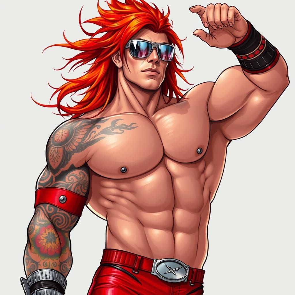 Muscular Wrestler in Futuristic Red Leather Outfit with Silv...