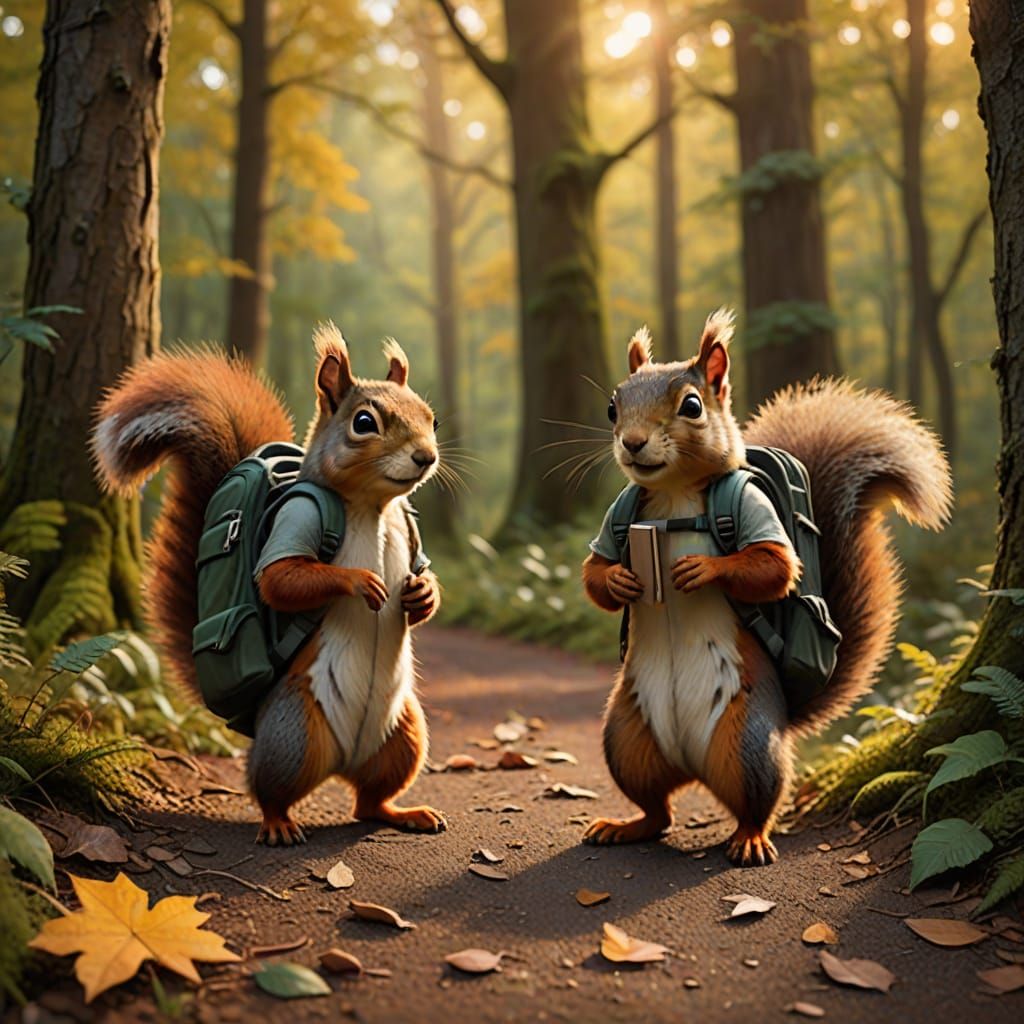 Whimsical Wildlife Art: Three Squirrels in a Forest