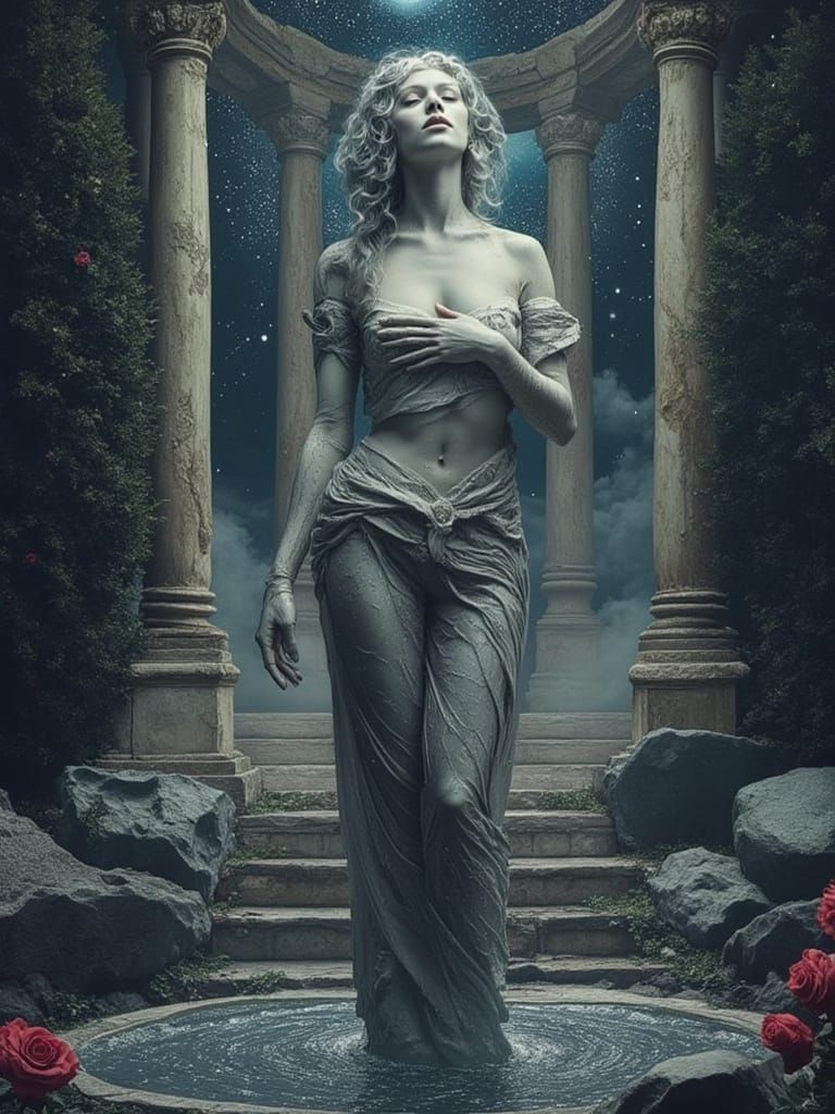 Cosmic Woman in Moonlit Gothic Garden