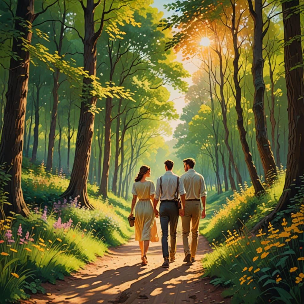 Couple Walking Forest Path in Impressionist Style