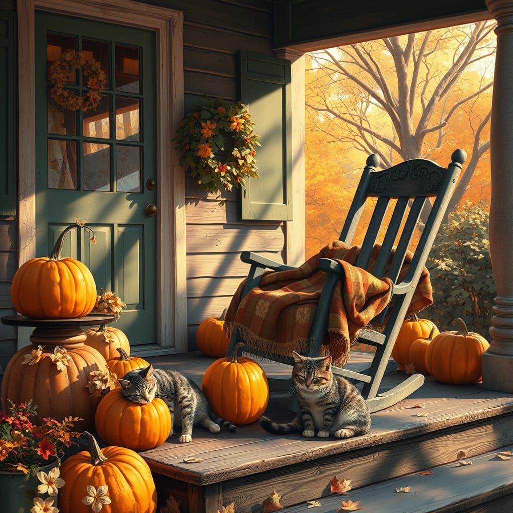Cozy Autumn Cottage Porch with Cat and Pumpkins