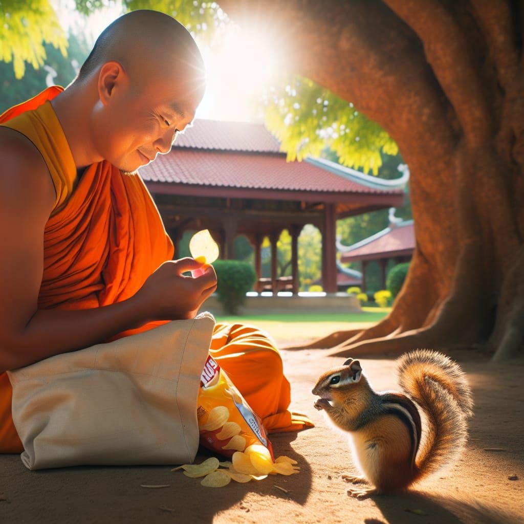 Monk and Chipmunk Share Chips in Garden