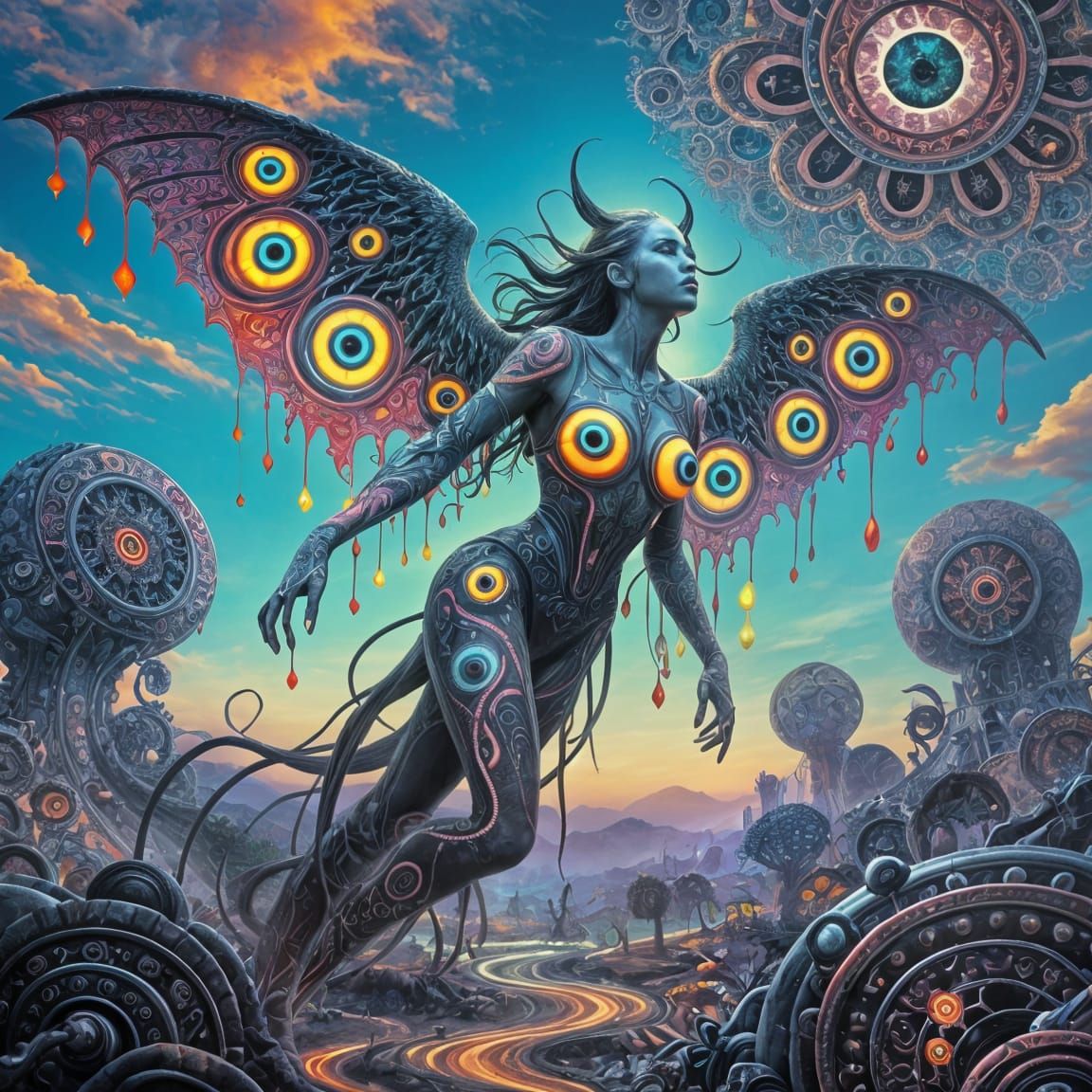 Winged Lilith with Dripping Eye Patterns in Psychedelic Styl...