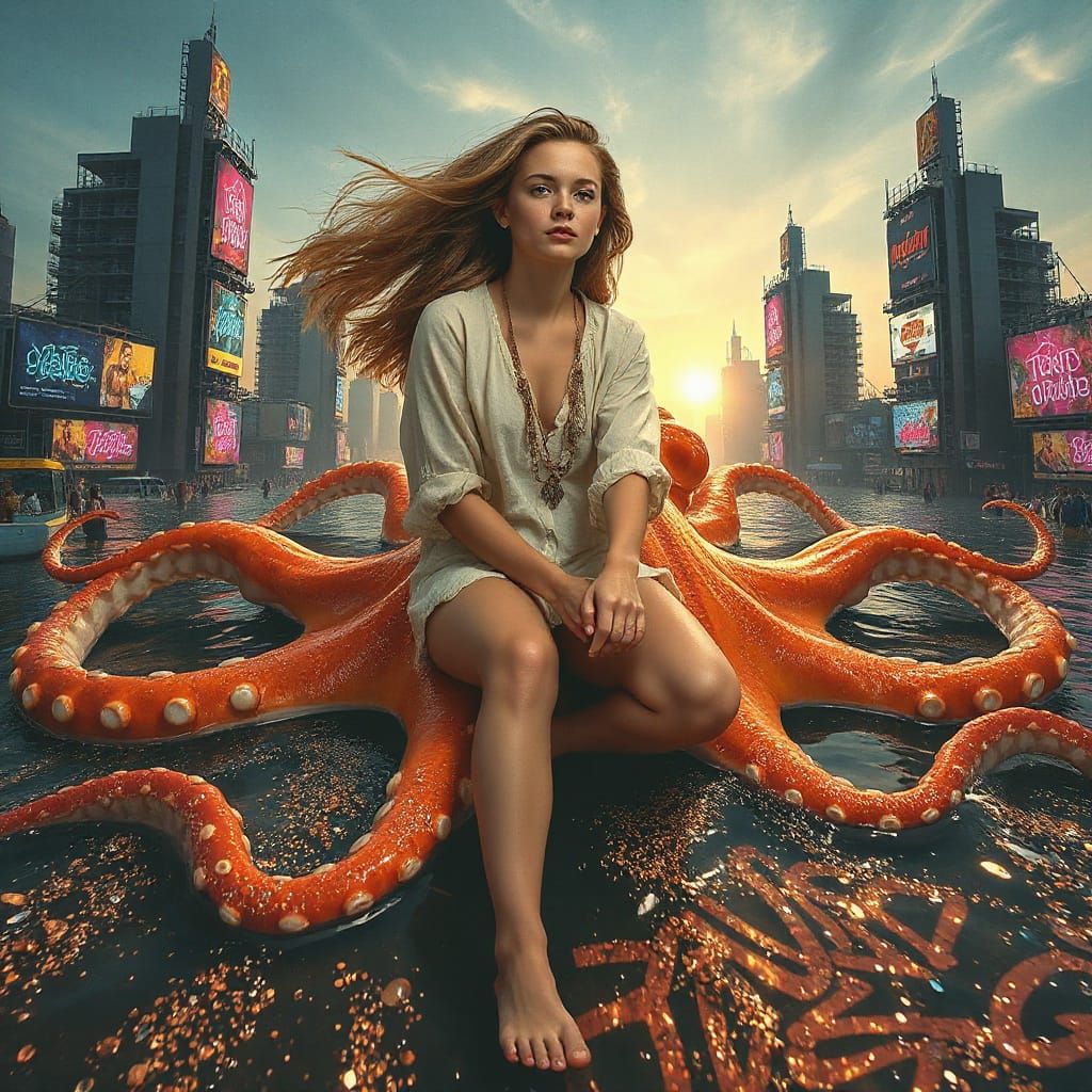 Luminous Bohemian Woman on Iridescent Squid