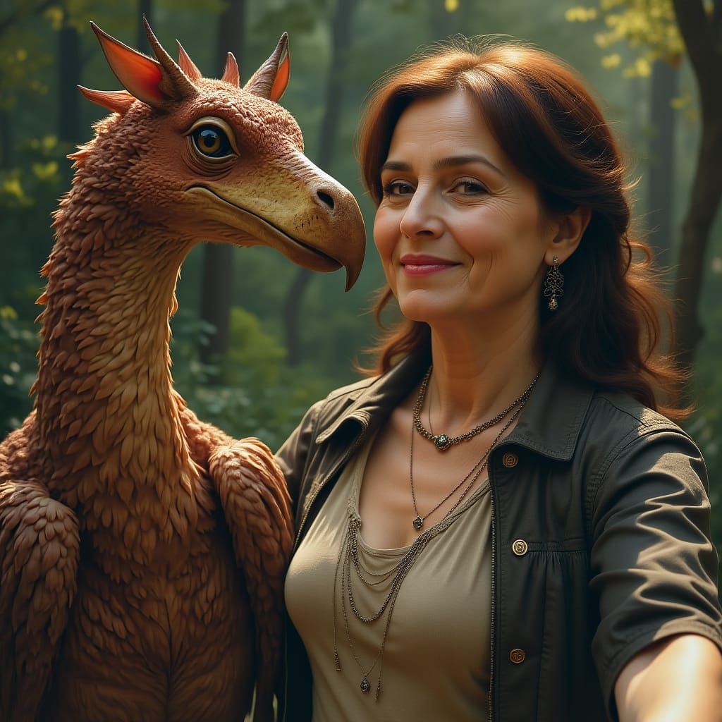 Woman Takes Selfie With Mythical Hippogryph in Fantasy Art