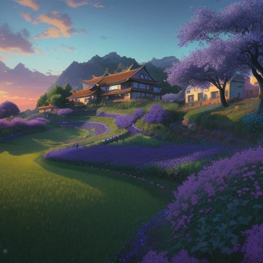 Vibrant Sumi-e Style Farmer Village at Dawn