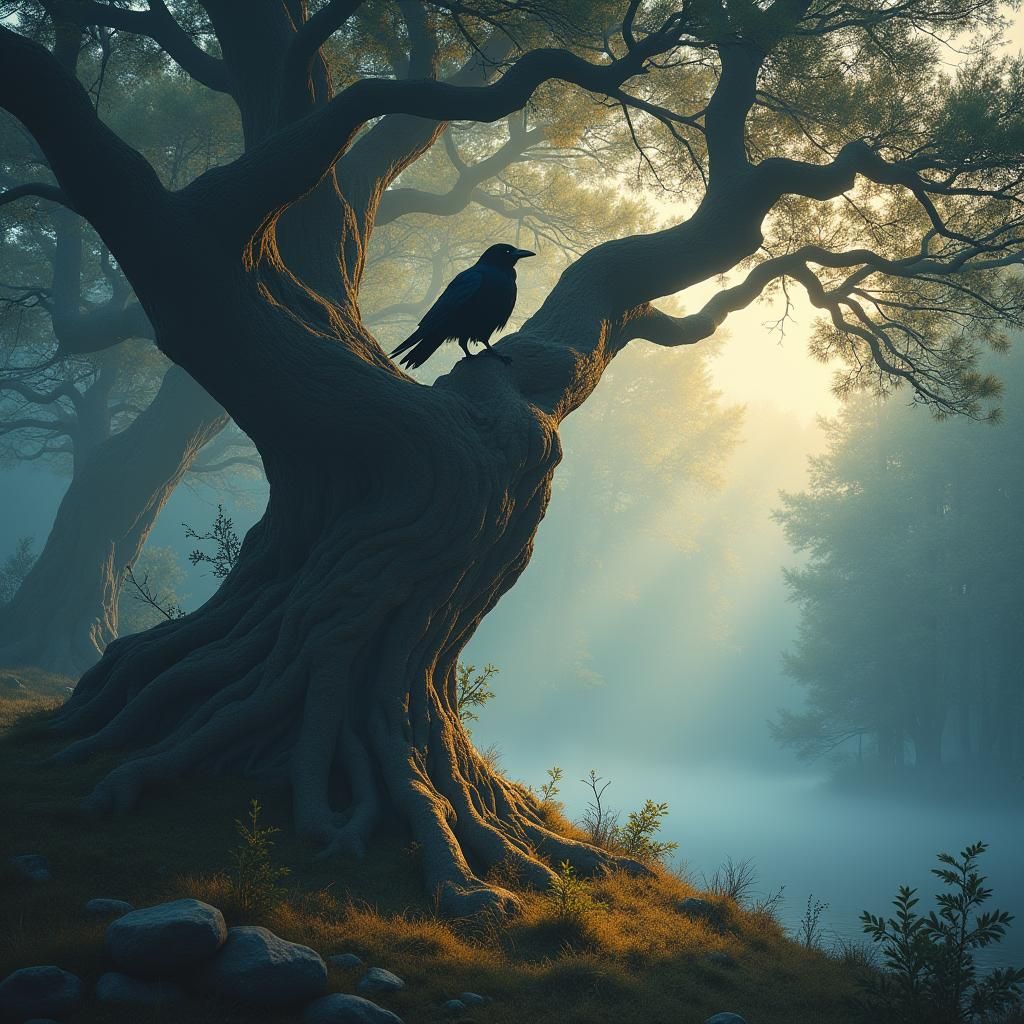 Crow on Ancient Pine in Matte Painting Style