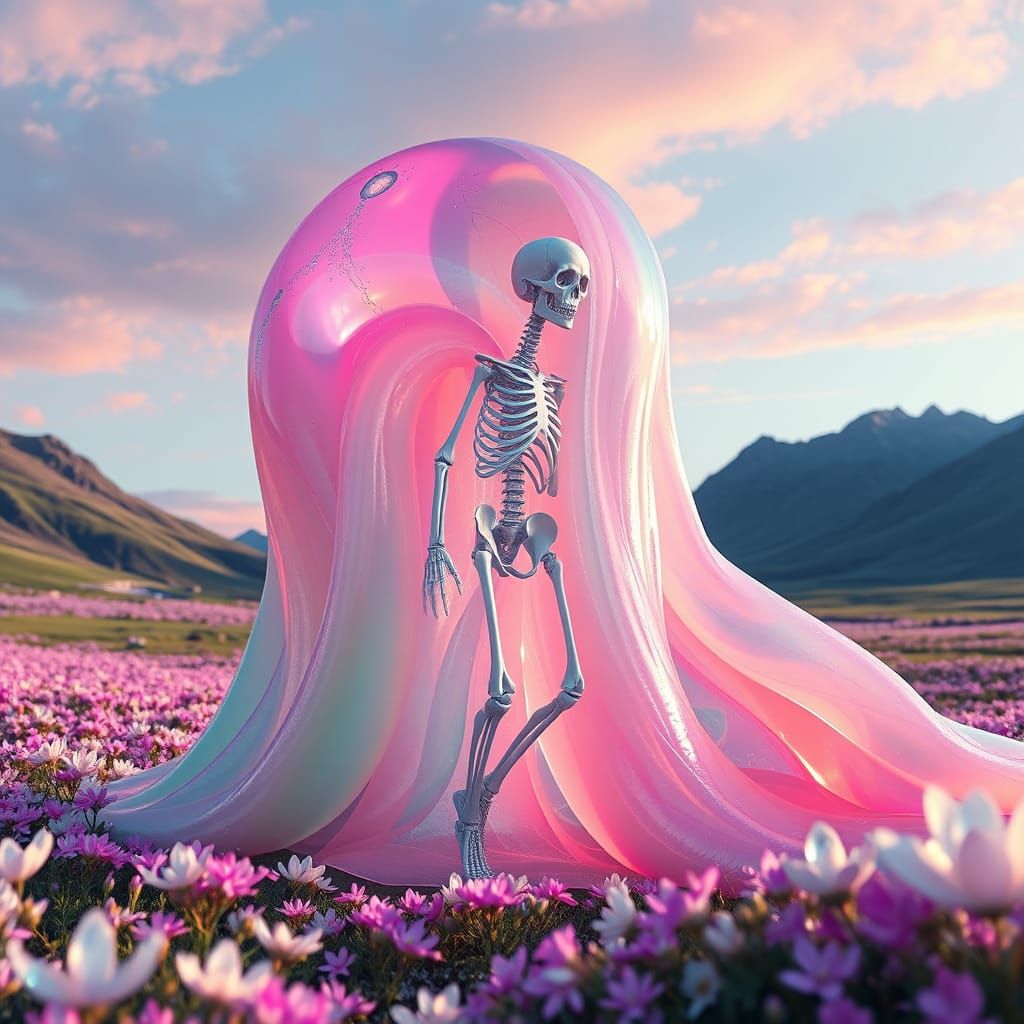 Giant Multicolored Slime Creature in Bioluminescent Valley