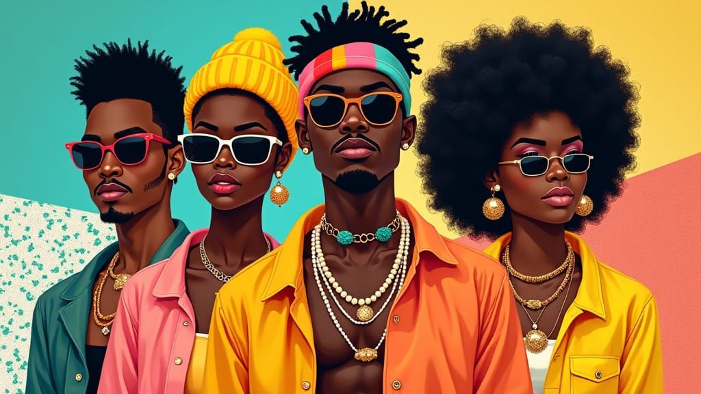 Trendy Black Hipsters in Memphis Style Illustration
