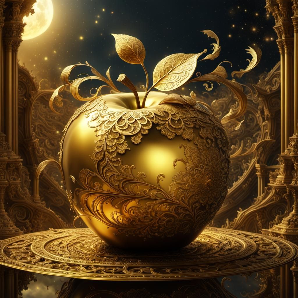 Beautiful Woman with Golden Apple on Fractal Background