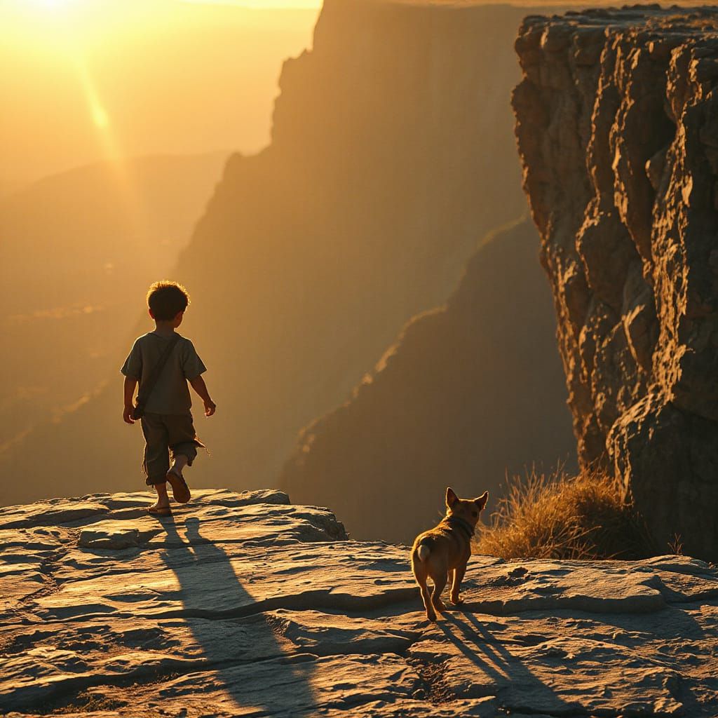 Boy and Dog on Cliff Edge at Golden Hour