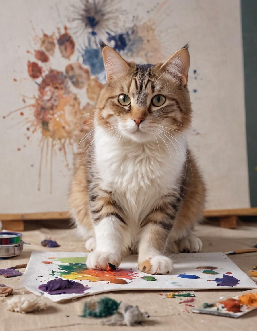 Cat Artist at Work in Cozy Studio