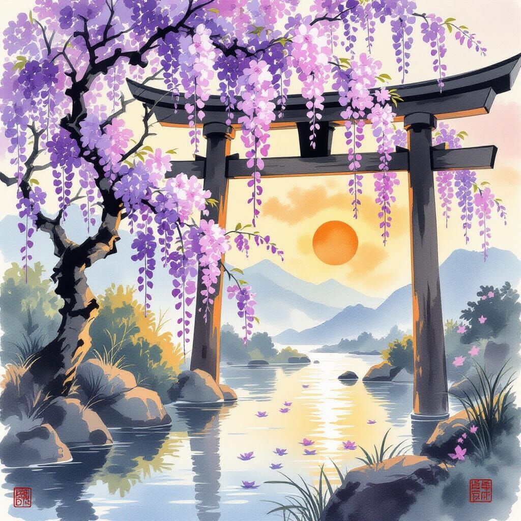 Yamato-e Style Ink Wash of Wisteria Blossoms in Spring