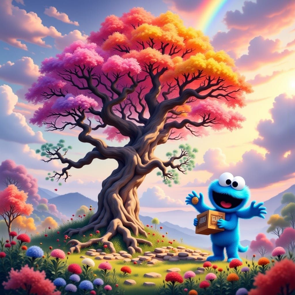 Whimsical Cookie Monster with Fantastical Tree