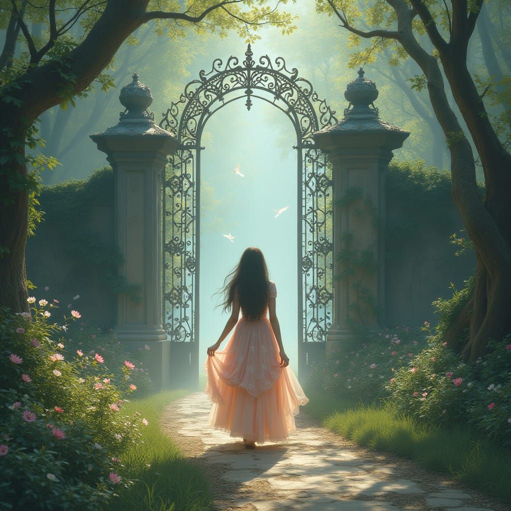 Ethereal Curvy Woman Enters Whimsical Forest Gate