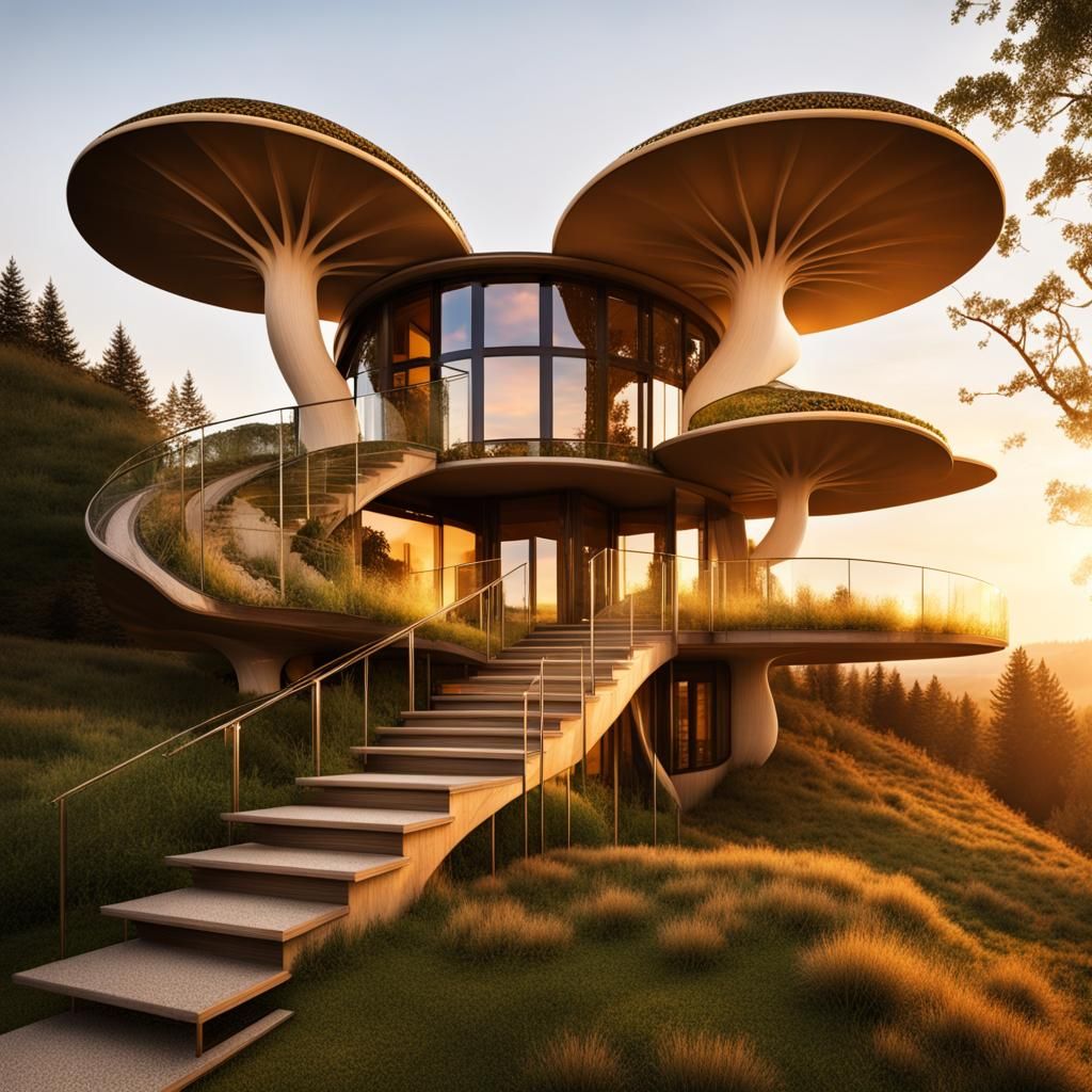 Biomimicry Mushroom Home in Golden Hour