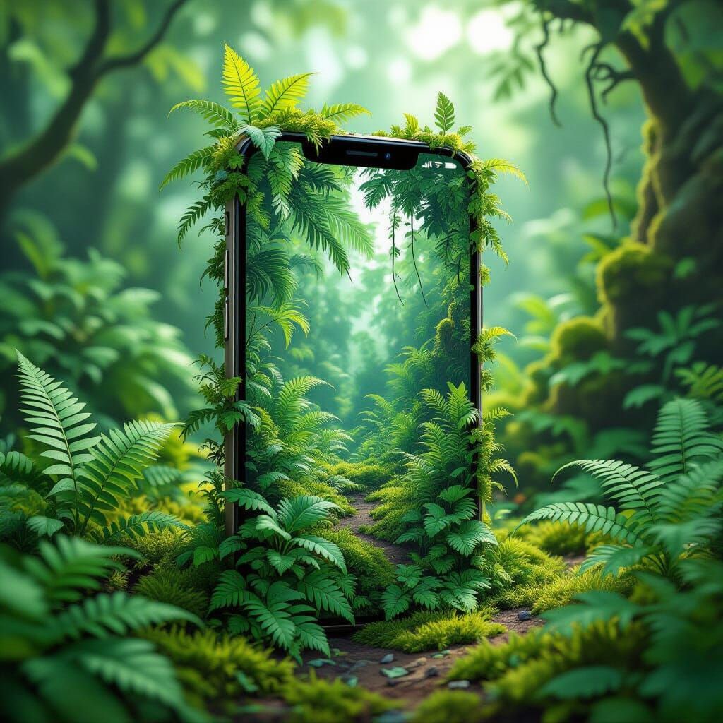 Smartphone Overgrown with Lush Plants in Whimsical Style