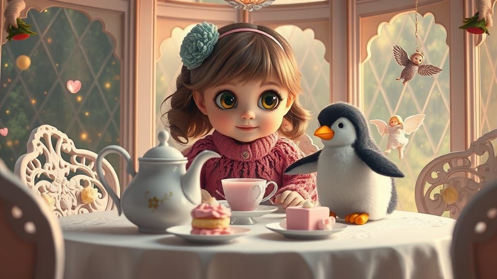 Whimsical Tea Party with Penguin Friend, Surreal 3D Art