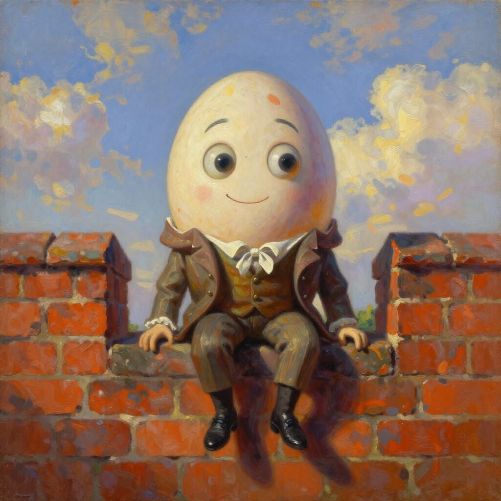 Whimsical Oil Painting of Humpty Dumpty on a Brick Wall