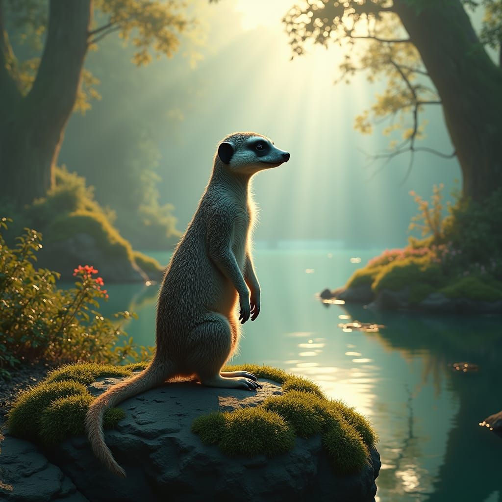 Meerkat Sentinel in Ethereal Rainforest Setting