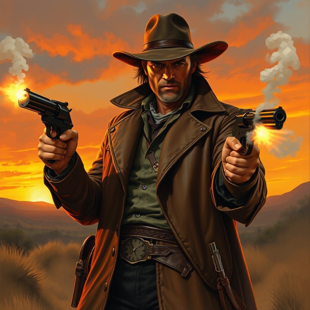 Gunslinger at Sunset in Gritty Realistic Style