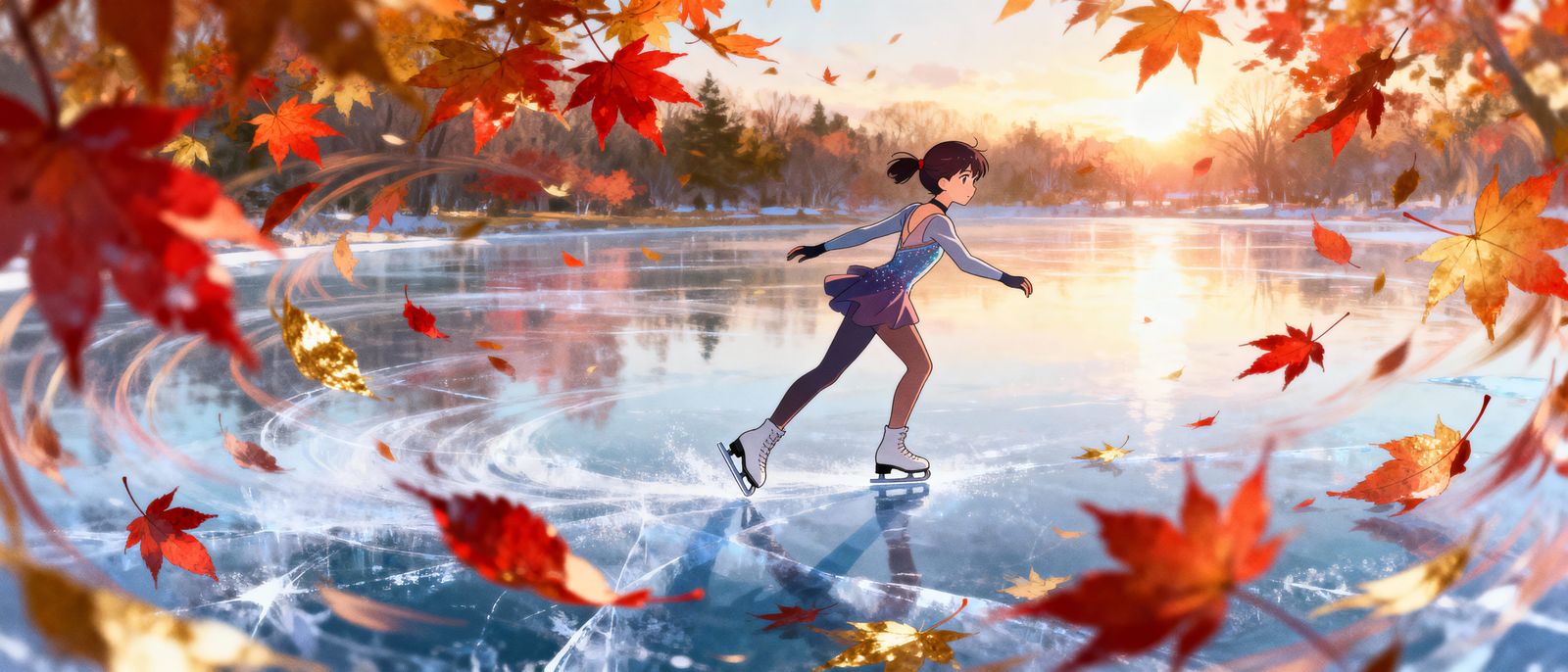 Anime Ice Skater Amidst Falling Autumn Leaves