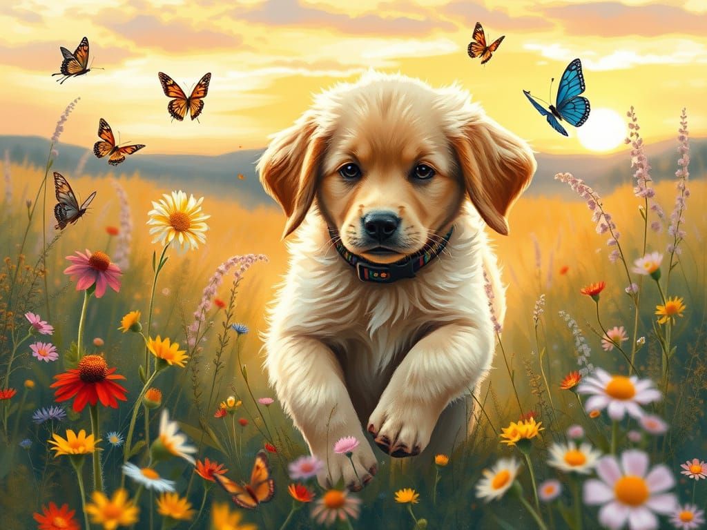 Golden Retriever Puppy Runs Through Whimsical Meadow