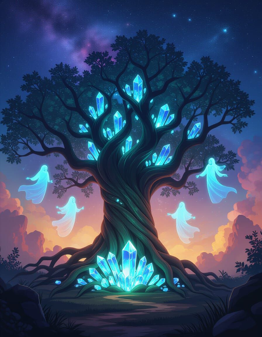 Ancient Tree with Crystal Roots in Nebula Sky