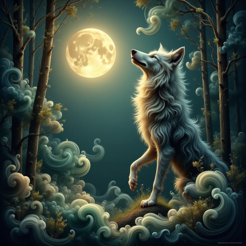 Whimsical Wolf Under a Luminous Moon in a Dreamy Forest Land...