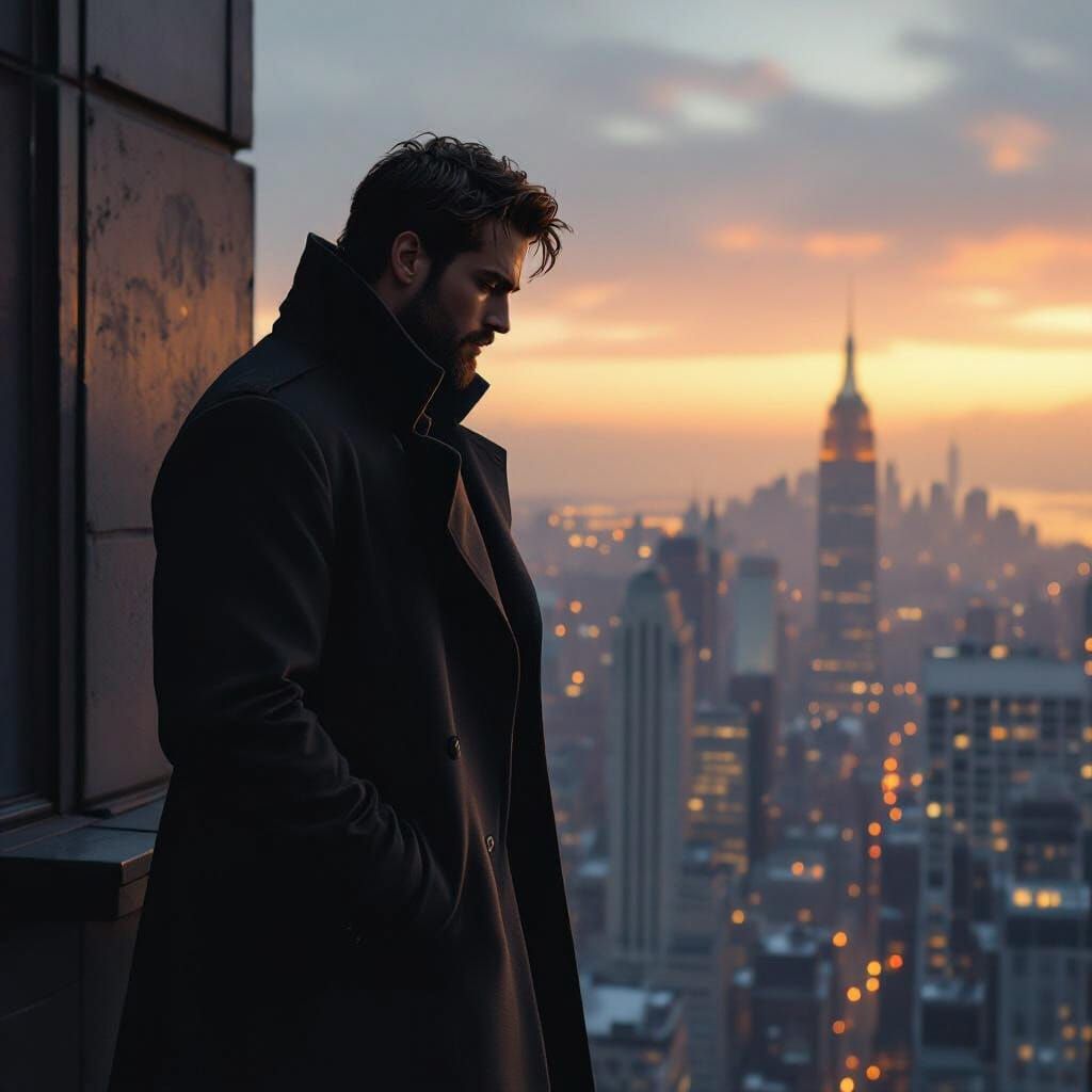 Man on Rooftop Gazing at Cityscape with Ambiguous Emotion