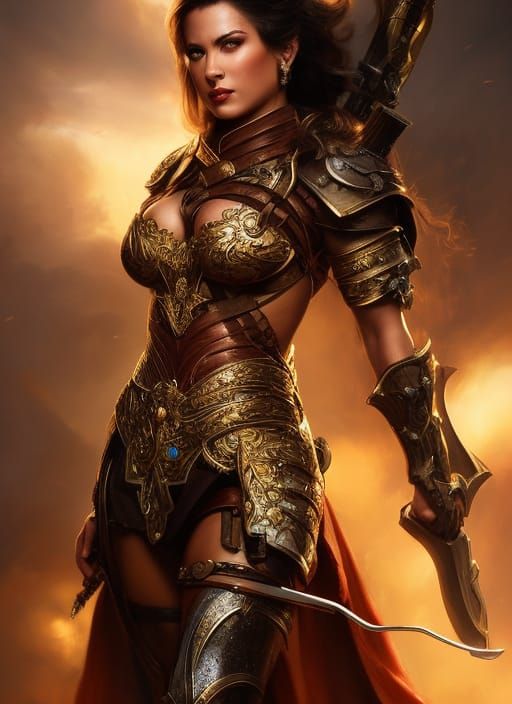 Fantasy Warrior Woman with Sword, Hyperdetailed Digital Art