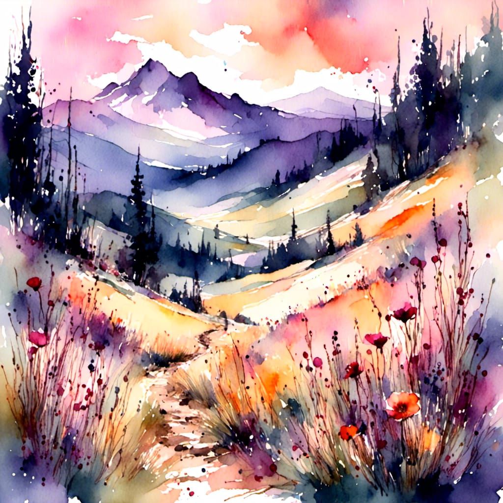 Hiking at Sunset: A Watercolor Ink Mountainscape