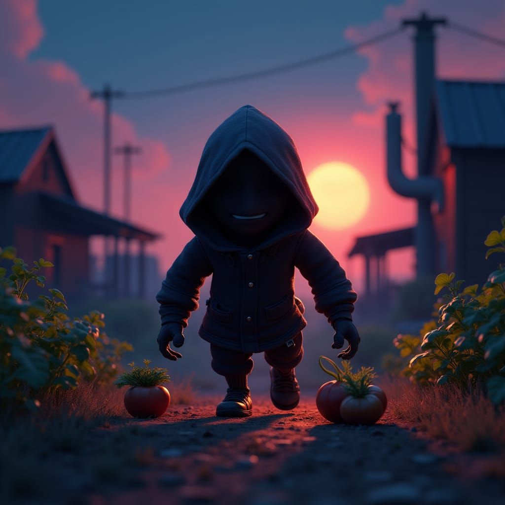 Pixar-Style Thief Stealing Vegetables at Night