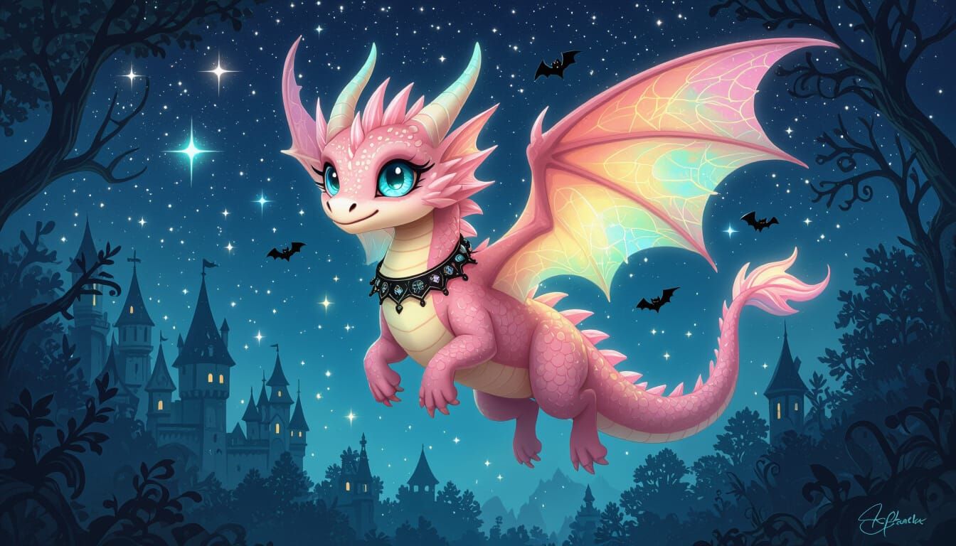 Whimsical Pink Dragon with Rainbow Wings