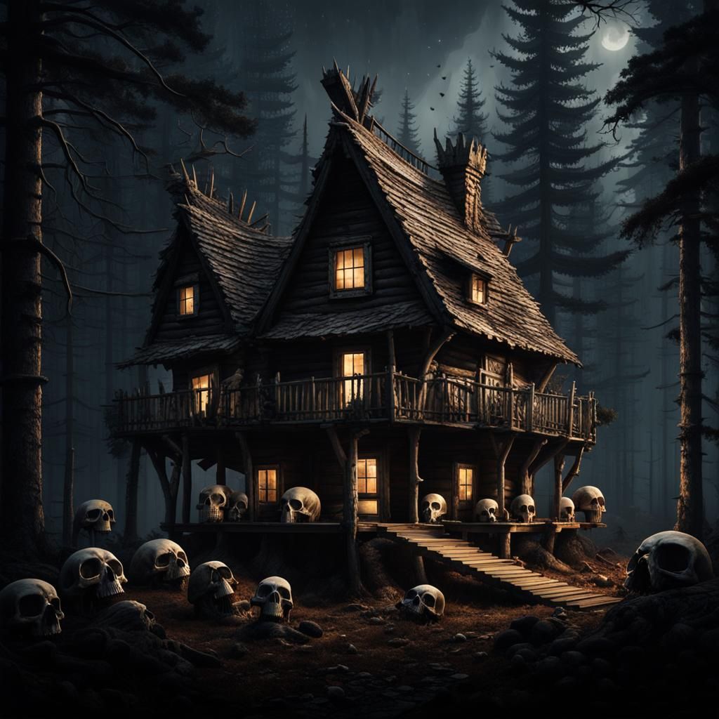 Creepy Cabin Atop Chicken Legs in Dark Forest