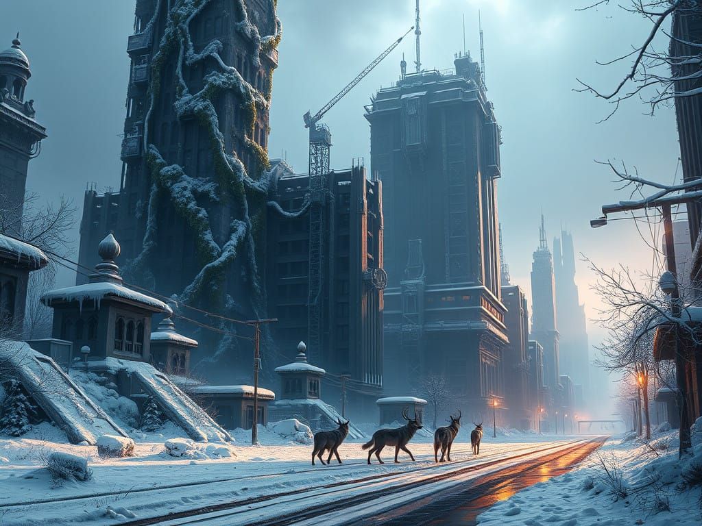 Futuristic Ruins in Snowy, Abandoned Landscape with Wolves a...