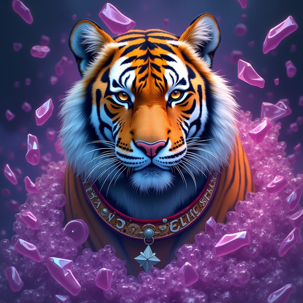 Majestic Tiger Shatters Purple Glass in Artistic Style