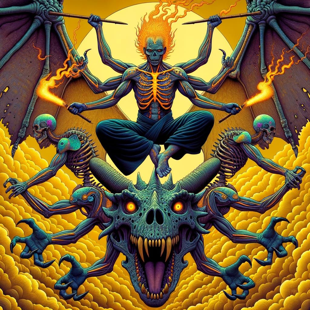 Surreal Vampire Werewolf Hybrid with Six Arms on Triceratops...